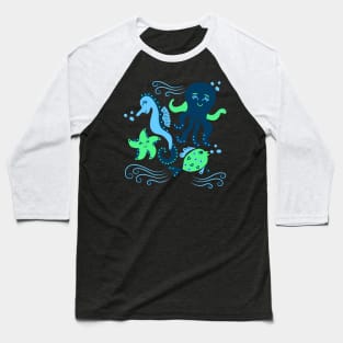 Aqua ocean animals - sea horse, star fish, octopus, fish Baseball T-Shirt